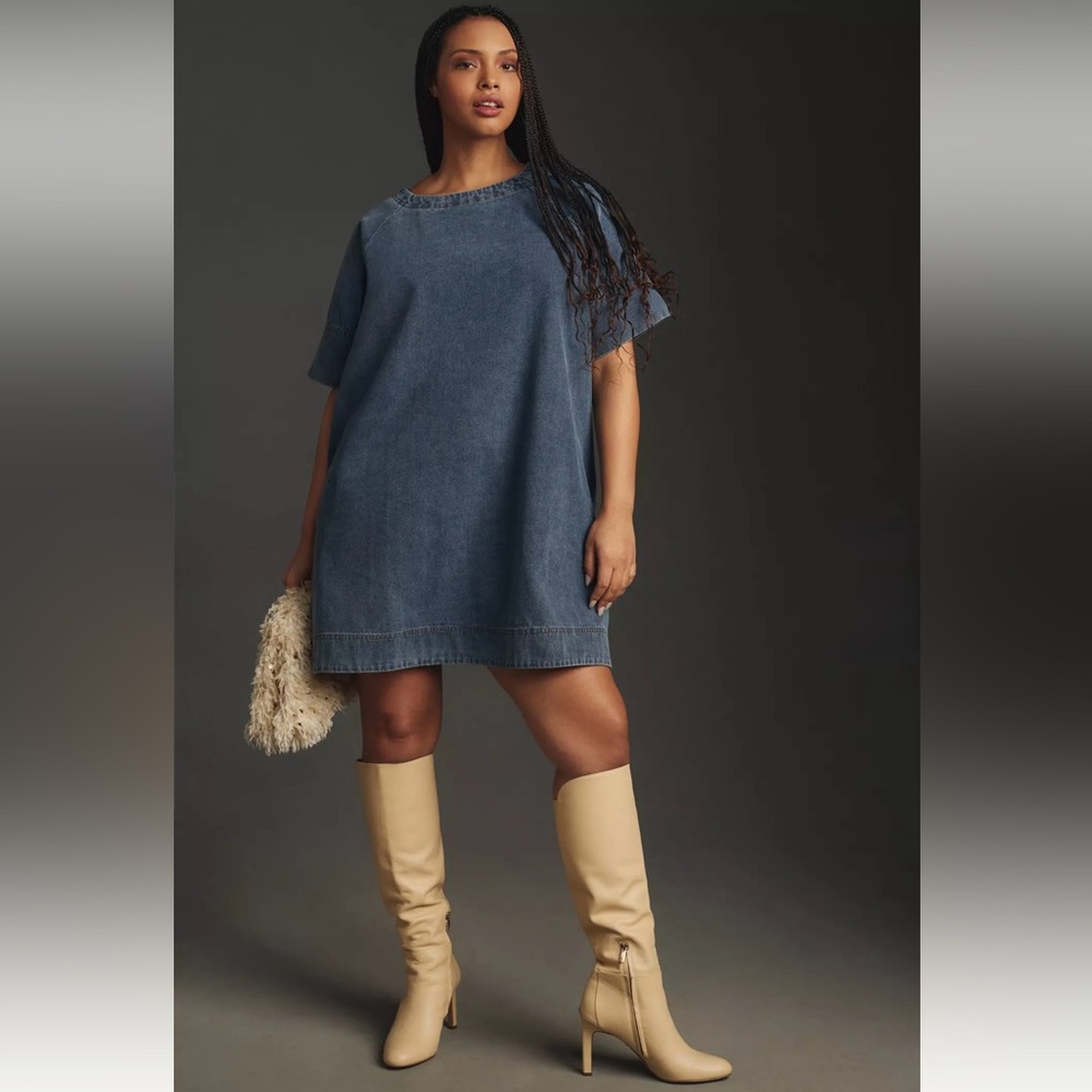 Anthropologie Porridge Short-Sleeve Denim Swing Mini Dress - Picture 5 of 13